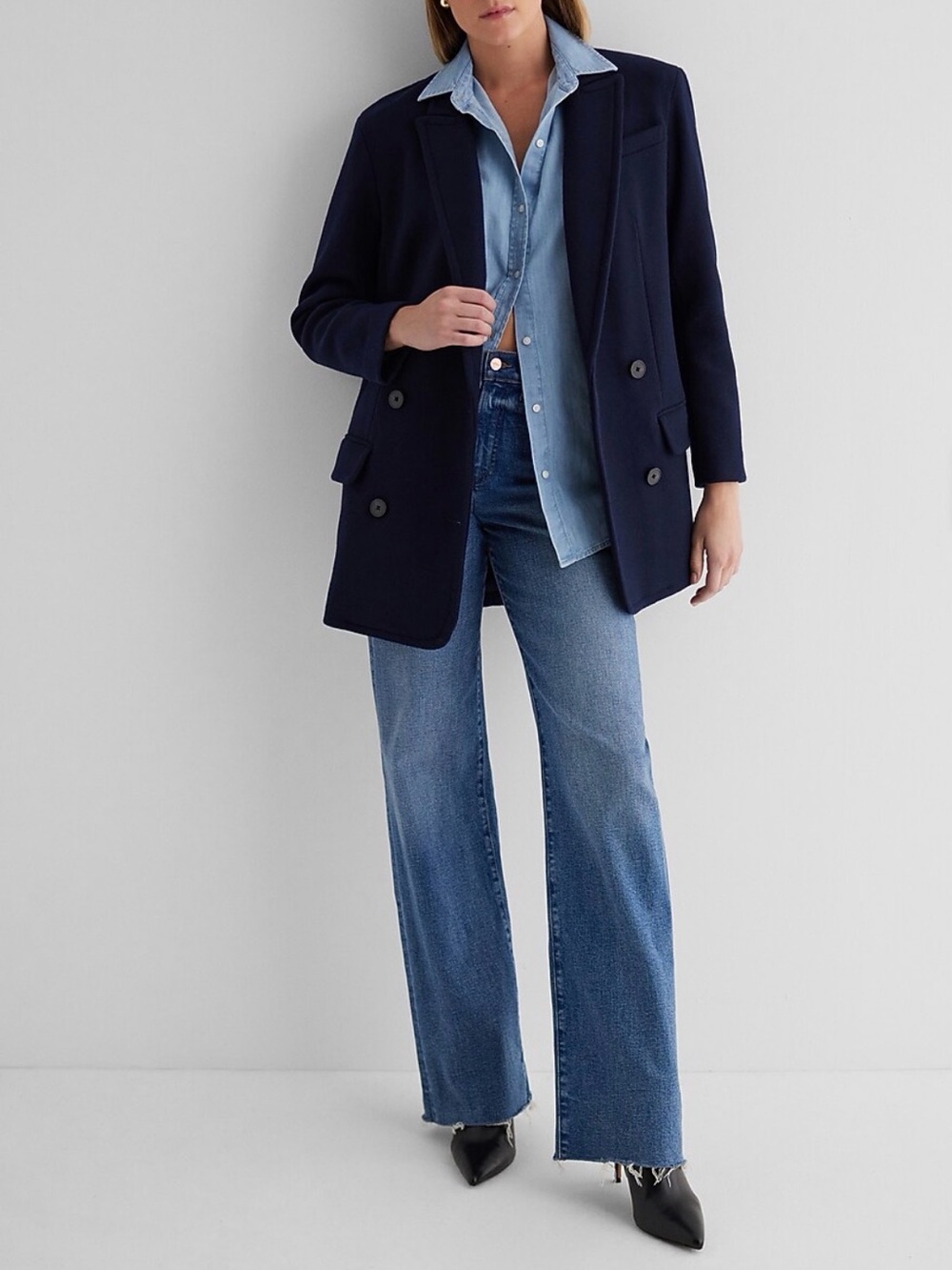 Double Breasted Faux Wool Coat Navy Blue